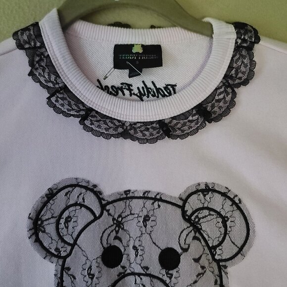 Teddy Fresh Lace Applique Bear Sweatshirt Small Pink Long Sleeve Fun Soft NWOT - Picture 4 of 9